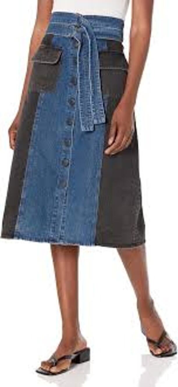 Sea New York Denim Patchwork Midi Skirt Size 6 A-Line Two-Tone Blue Cotton